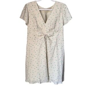 Earthbound dress large new Beige Green Floral Pattern cinched lined garden girl